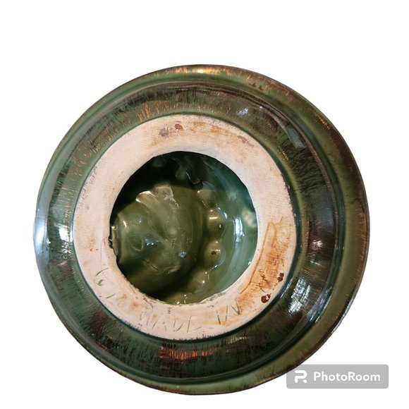 MCM 1961 Green Glazed Ashtray Gold Brush Marks Handmade 7"D Markings On Bottom - Picture 5 of 7